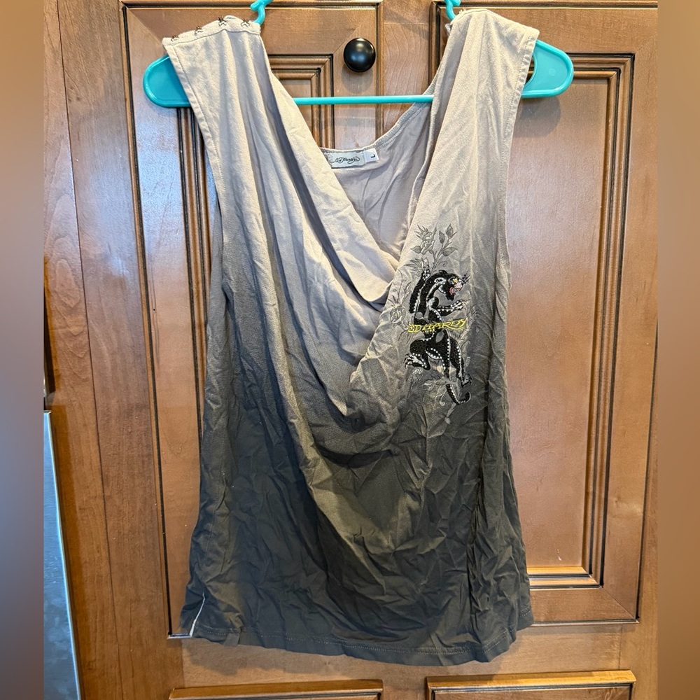 Ed Hardy Gray and Black Draped Tank Top